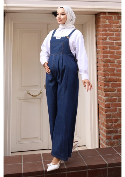 Kanguru Cepli Hamile Tulum Koyu Mavi Kot Kumaş Kadınlar İçin Şık Tasarım