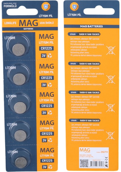 Mag CR1225 3V Lityum Düğme Pil 5'li Blister