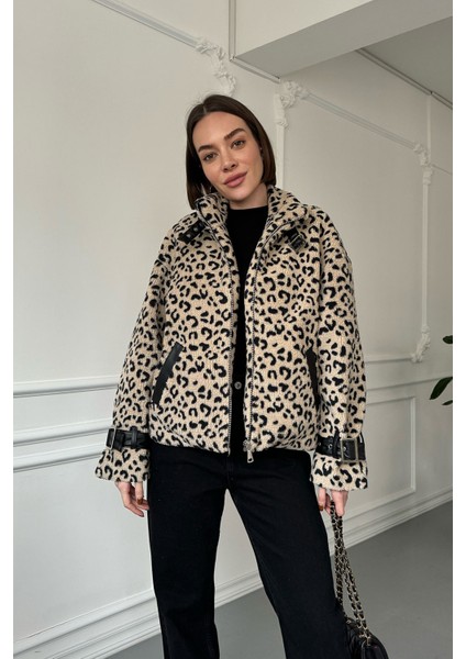 Deri Garnili Leopar Peluş- Bej