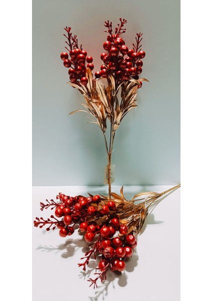 1 Demet Kırmızı-Gold Renk ve Gerçek Ebatlarda 33 cm 5 Dallı Kokina Çiçeği