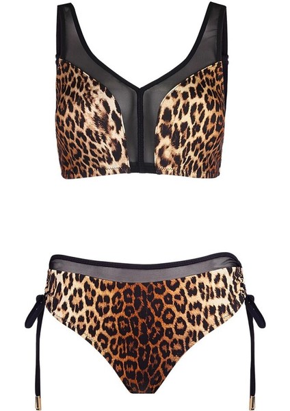 5639 Kahverengi Leopar Büstiyer Bikini Takımı indirimleri