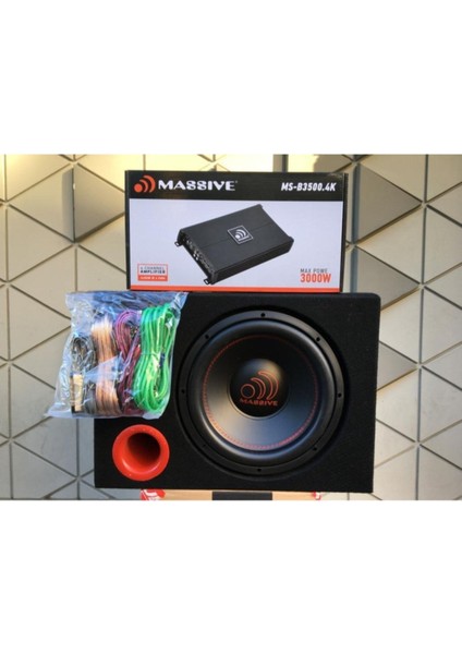 MS-NEO12.S4 30 cm Kabinli Subwoofer Bas 3000W 4 Kanal Amfi Kablo Tk. Full Set