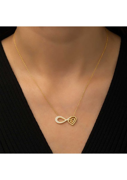 Gümüş Gold Kalpli Sonsuzluk Kolye