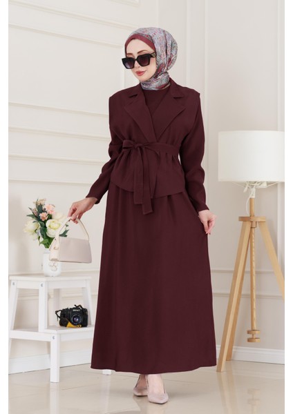 Tensel Yelekli Asel Elbise-Bordo
