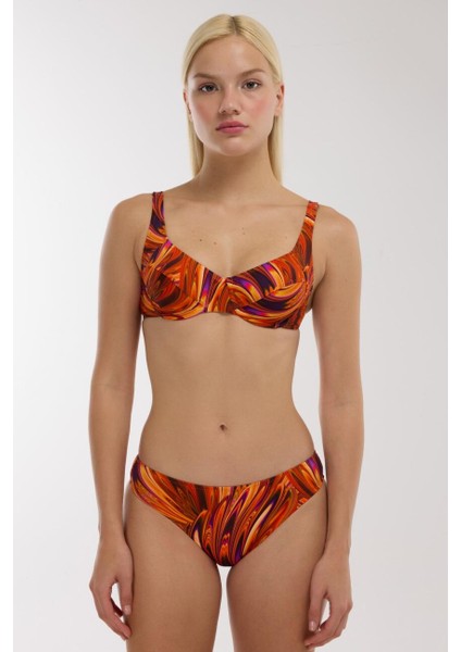 5647 Turuncu Desenli Toparlayıcı Bikini Takımı