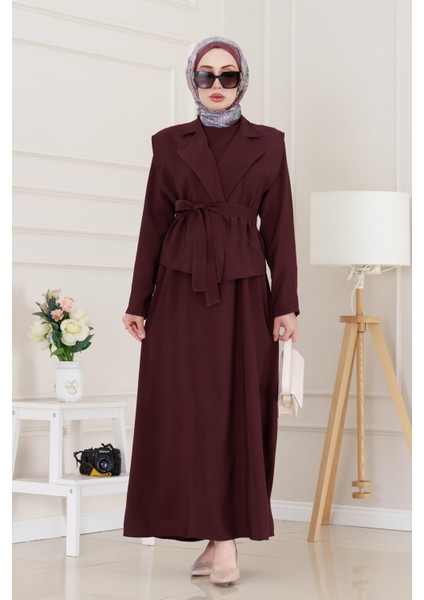 Tensel Yelekli Asel Elbise-Bordo fiyatları