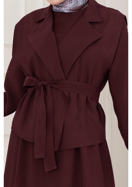 Tensel Yelekli Asel Elbise-Bordo fırsatları