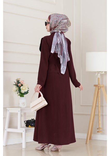 Tensel Yelekli Asel Elbise-Bordo indirimleri