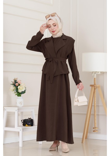 Tensel Yelekli Asel Elbise-Kahverengi fiyatları