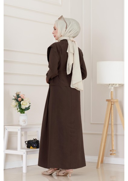 Tensel Yelekli Asel Elbise-Kahverengi indirimleri