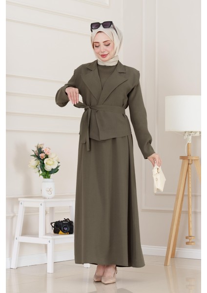 Tensel Yelekli Asel Elbise-Haki
