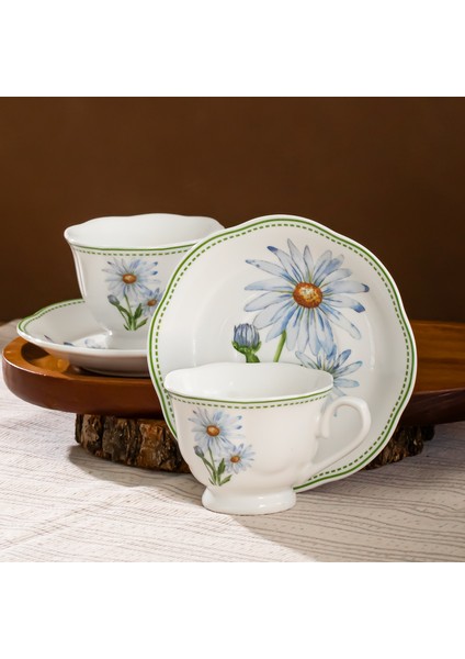 De Flore Çiçek Desenli Porselen Türk Kahvesi Fincan Takımı 2 Kişilik 4 Parça