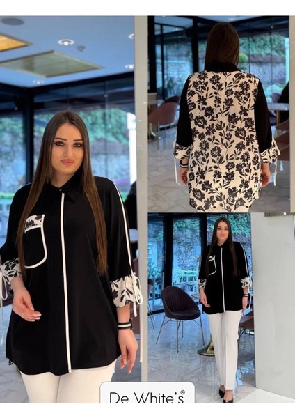 Büyük Beden Arkası Empirme Baskılı ve Kollar Da Bağcık Detaylı Gömlek