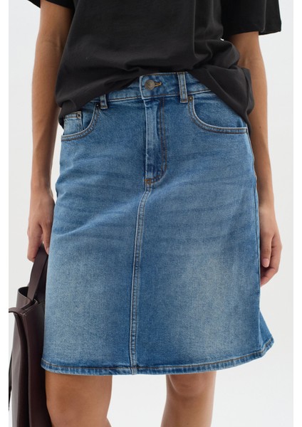 Açık Mavi Kadın Regular Fit Yüksek Bel Orta Boy Denim Kot Etek ALİCE-4003