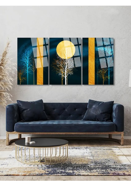 3 Lü Gold Detaylı Modern Parçalı Set Tablo Kırılmaz Lüks Cam Tablo Ev Hediyesi
