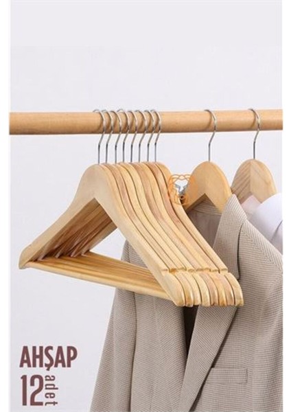 Natural Ahşap Elbise Askısı 12 Adet Montague Design