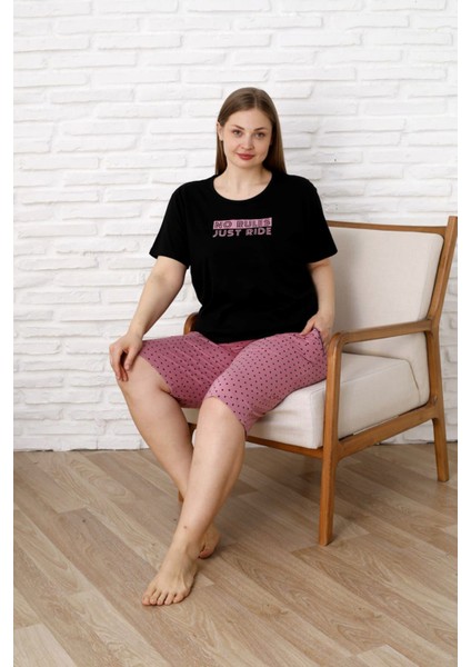 %100 Pamuk Büyük Beden Kısa Kol Kapri Kadın Pijama Takımı