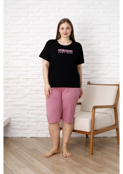 %100 Pamuk Büyük Beden Kısa Kol Kapri Kadın Pijama Takımı
