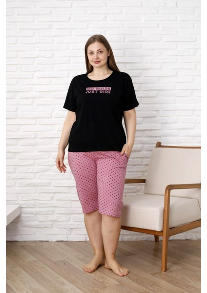 %100 Pamuk Büyük Beden Kısa Kol Kapri Kadın Pijama Takımı