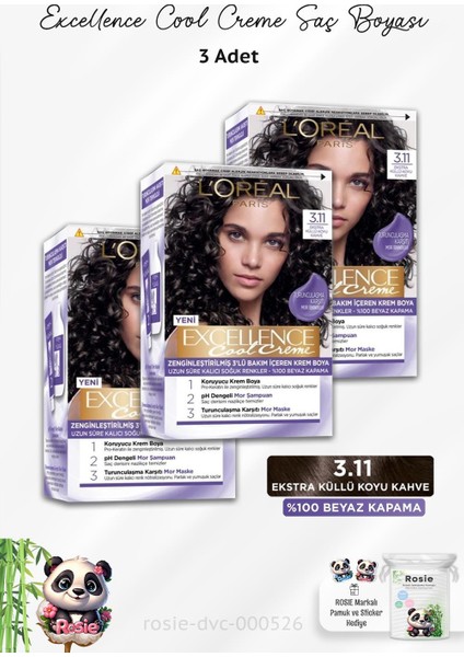 3 Adet Cool Creme Saç Boyası 3.11 Ekstra Küllü Koyu Kahve ve Rosıe Mendil