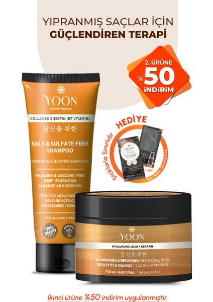 Vegan Tuzsuz Şampuan & Saç Bakım Maskesi 250ML, Hyaluronik Asit, Keratin, Kolajen ve Biotin 2'li Set