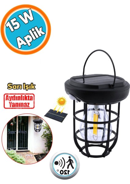Güneş Enerjili Aplik Dış Aydınlatma 3 Modlu Işıklandırma Sensörlü Sarı Işıklı 15 W Portatif Fener L