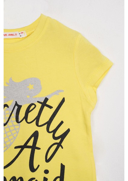 Kısa Kol Yazı Baskılı Açık Sarı Renk Kız Çocuk Taytlı Takım fiyatları