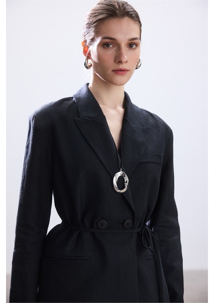 Siyah Kuşaklı Keten Blazer Ceket
