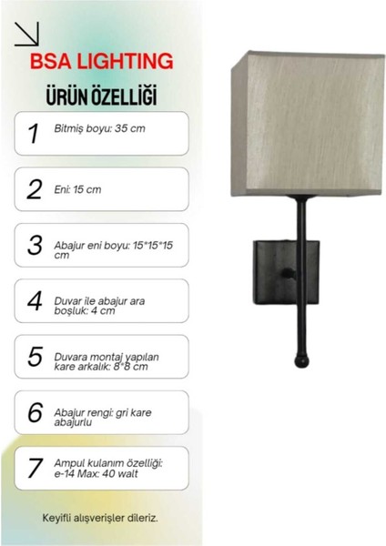 Modern siyah aplike, gri kare detaylı şık ve sade dekoratif metal ürün, E14 duy tipi indirimleri