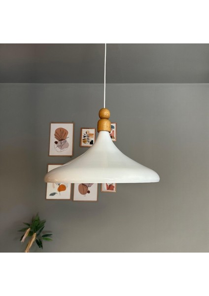 45 cm Çap Champion x l Beyaz Kalın Ahşap Boncuk Avize Tekli Sarkıt Lamba Restoran Salon Mutfak Avize