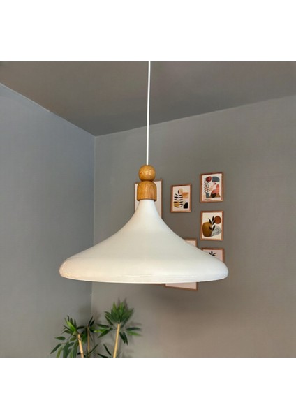45 cm Çap Champion x l Beyaz Kalın Ahşap Boncuk Avize Tekli Sarkıt Lamba Restoran Salon Mutfak Avize