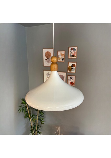 45 cm Çap Champion x l Beyaz Kalın Ahşap Boncuk Avize Tekli Sarkıt Lamba Restoran Salon Mutfak Avize