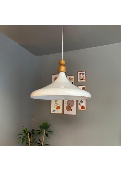 45 cm Çap Champion x l Beyaz Kalın Ahşap Boncuk Avize Tekli Sarkıt Lamba Restoran Salon Mutfak Avize
