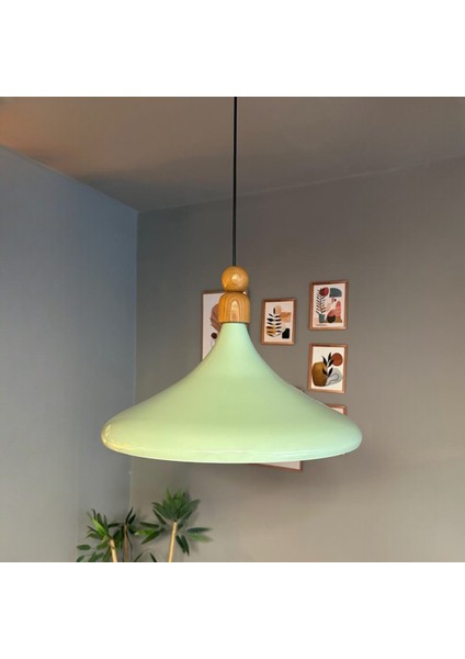 45 cm Çap Champion x l Mint Kalın Ahşap Boncuk Avize Tekli Sarkıt Lamba Restoran Salon Mutfak Avize
