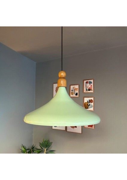 45 cm Çap Champion x l Mint Kalın Ahşap Boncuk Avize Tekli Sarkıt Lamba Restoran Salon Mutfak Avize