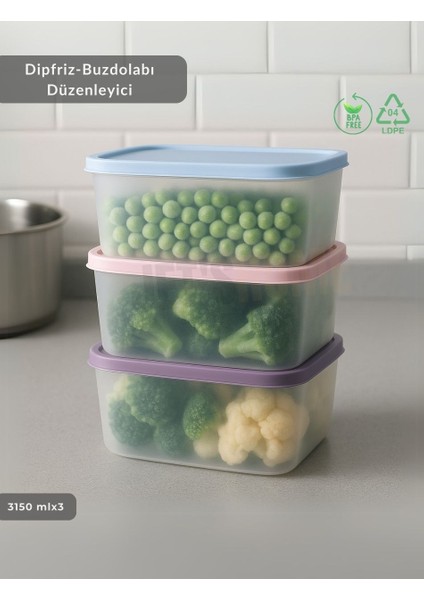 3'lü Dipfriz Saklama Kabı - No Frost Silikon Kapaklı | Derin Dondurucu Düzenleyici - Bpa Free - 3150 ml