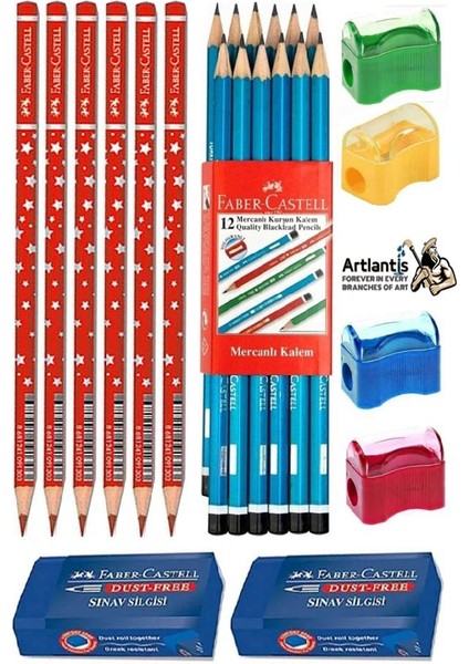 Siyah Kurşun Kalem 12 Adet Faber Castell Kırmızı Başlık Kalemi 6 Adet Sınav Silgisi 2 Adet Kalemtraş 4 Adet