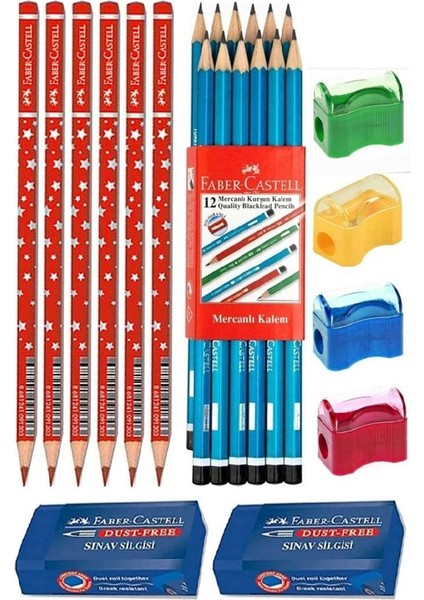 Siyah Kurşun Kalem 12 Adet Faber Castell Kırmızı Başlık Kalemi 6 Adet Sınav Silgisi 2 Adet Kalemtraş 4 Adet