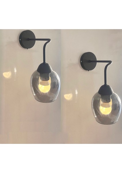 Milano Füme Camlı Siyah Metal Modern 2 Adet Pilli Aplik - Özel Tasarım Lamba ve Pil Dahildir