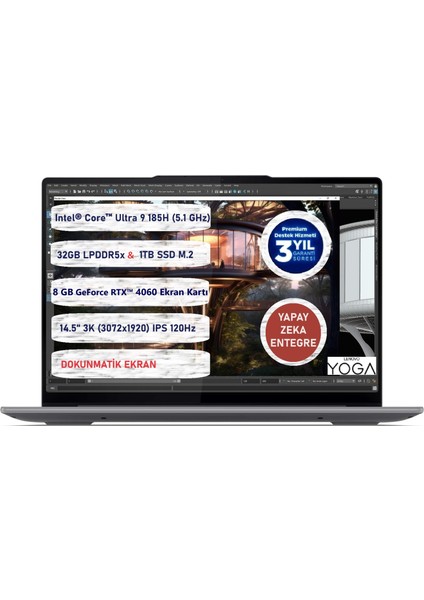 Yoga Pro 7 14IMH9 Intel® Core™ Ultra 9 185H 32GB 1tb SSD 8gb RTX4060 14,5" Freedos Dokunmatik Taşınabilir Bilgisayar