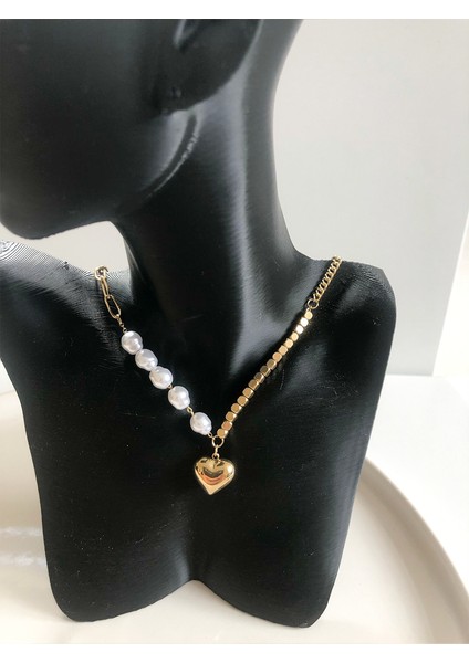Inci-Altın Küp ve Gold Kalp Detaylı Paslanmaz Çelik Kadın Kolye