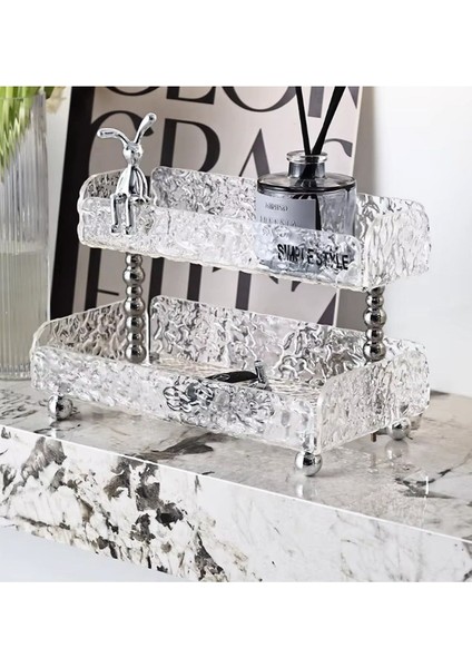 Kırık Cam Desenli Kristal Şeffaf 2 Katlı Organizer Dekoratif Model | 25 x 13 cm | 25 x 8 cm fırsatları
