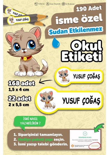 Okul Etiketi Kalem Defter Isimli Etiket Isim Yazılabilen Kedi Temalı - 190 Adet Özel Yeni Tasarım