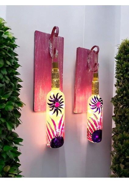 Peri LED Aydınlatmalı Pembe Ahşap Dekorlu, Vitray El Boyama Kırçiçeği Şarap Şişesi Aplik 2'li Set