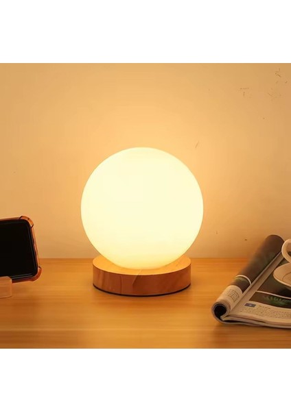 Küre Cam Gece Lambası Ahşap Taban Abajur
