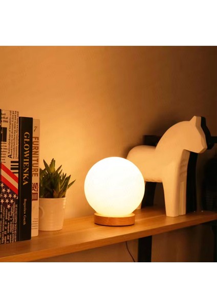 Küre Cam Gece Lambası Ahşap Taban Abajur