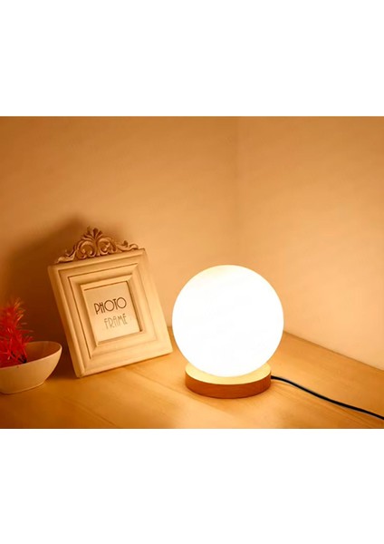Küre Cam Gece Lambası Ahşap Taban Abajur