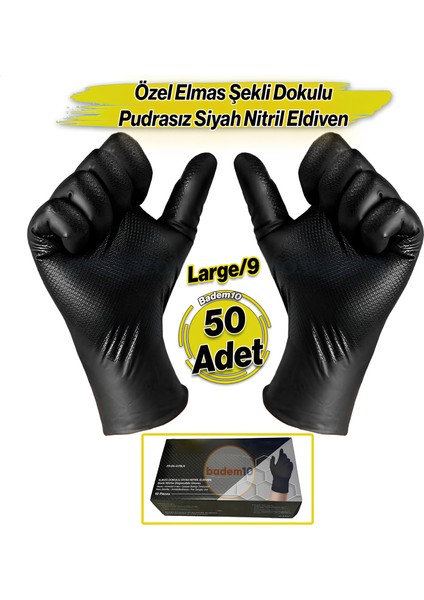 Elmas Dokulu 25 Çift 50 Adet Siyah L Beden 9 Numara Kalın Hijyenik Pudrasız Nitril Muayene Eldiveni