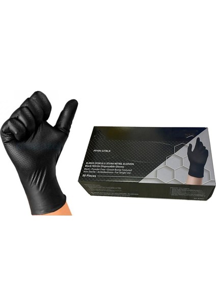 Elmas Dokulu 25 Çift 50 Adet Siyah L Beden 9 Numara Kalın Hijyenik Pudrasız Nitril Muayene Eldiveni modelleri