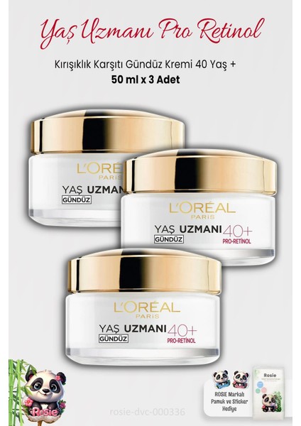 3 Adet Loreal Paris Karşıtı Gündüz Kremi 40+ Pro-Retinol 50 ml ve Rosıe